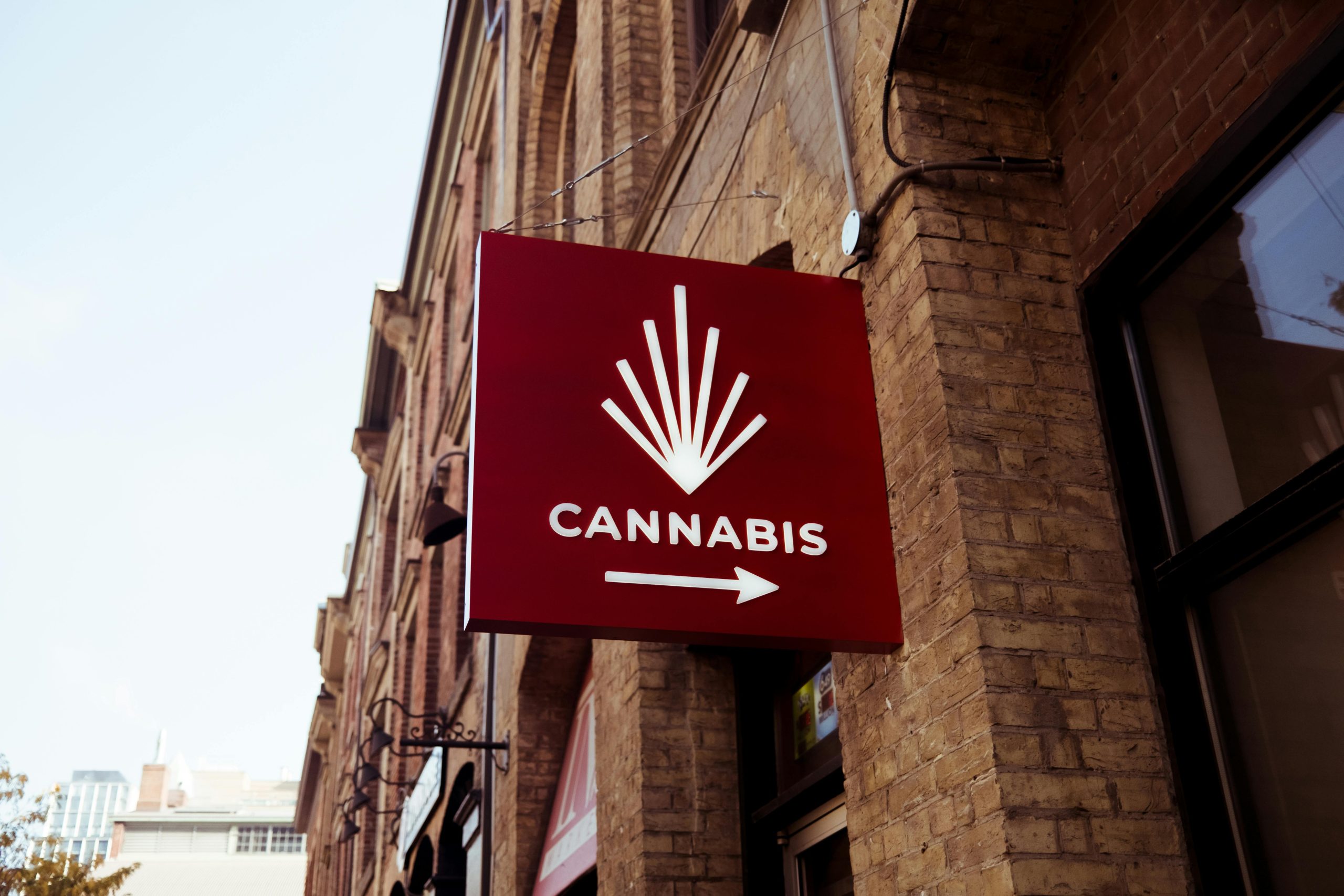 A red sign featuring a cannabis emblem on a city building facade, indicating a store direction.